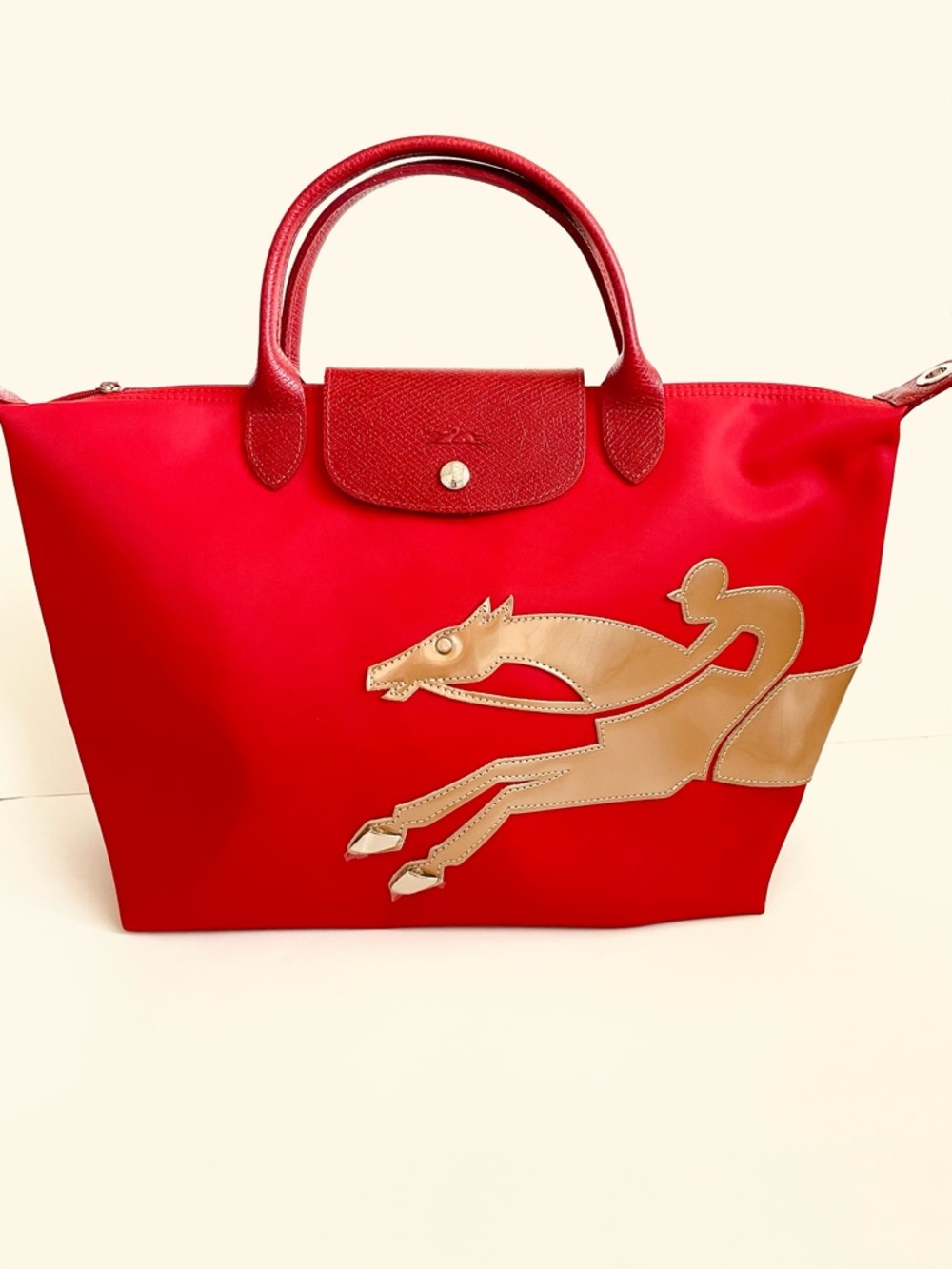 Longchamp Le Pliage Medium Tote Bag - Limited Edition Red with Gold Horse